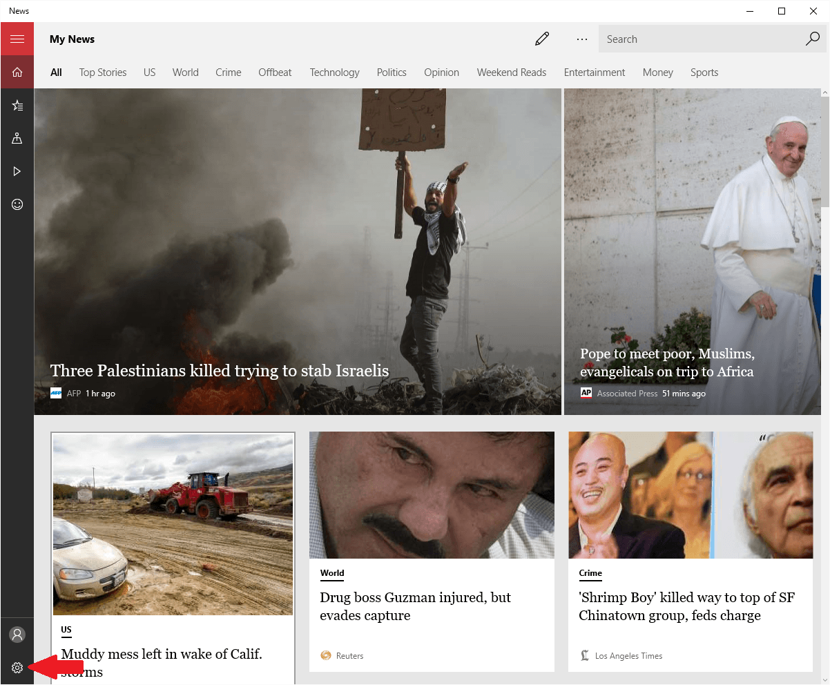 Windows 10 News App Main Window - English