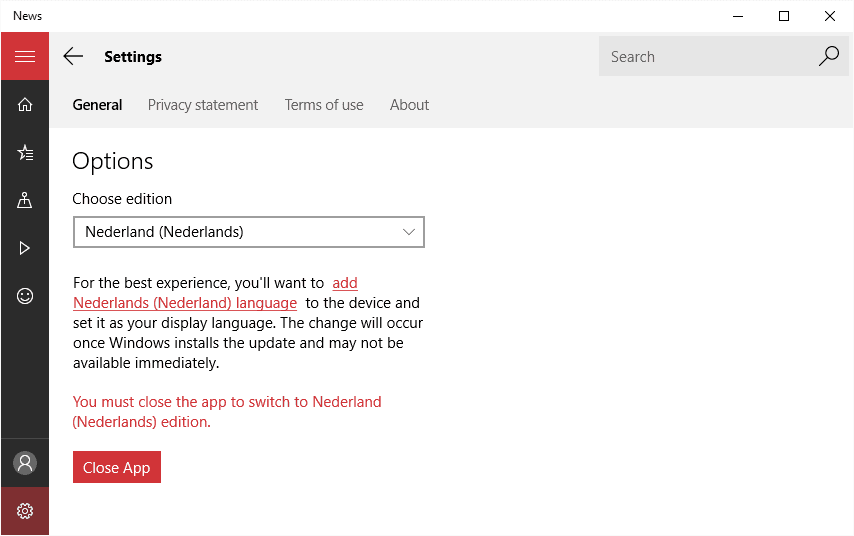 Windows 10 News App Settings Window