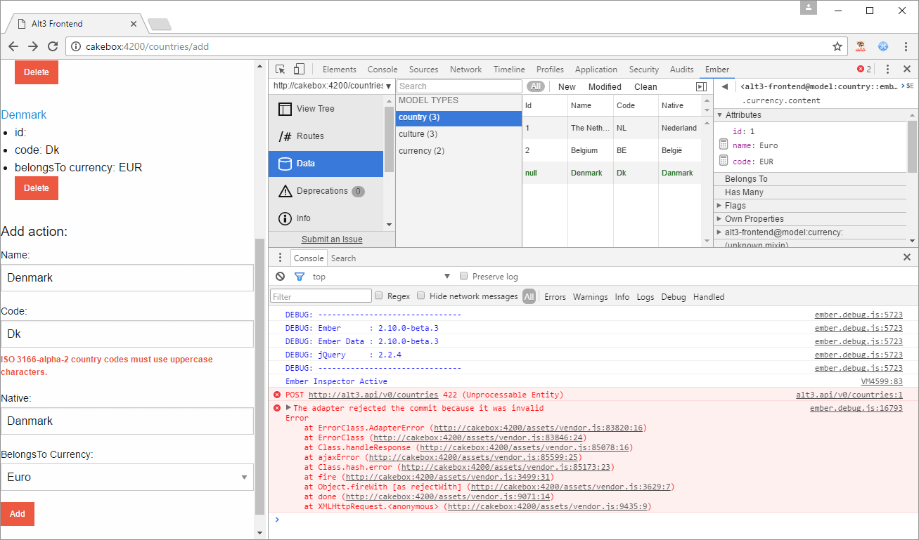 Screenshot of Ember data validation errors