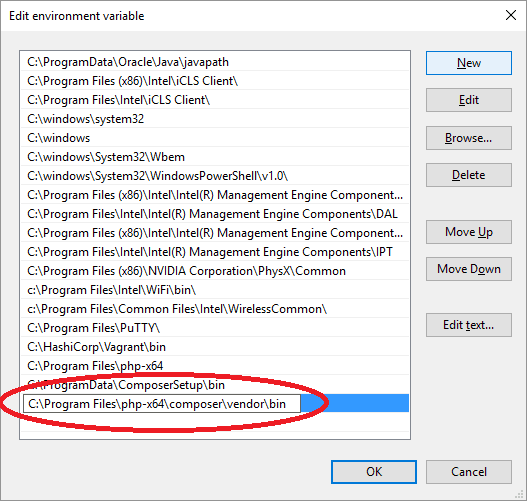 Screenshot of editing existing PATH system variable