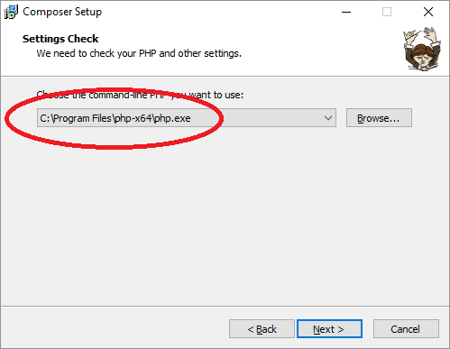 Screenshot of Composer installation detecting PHP