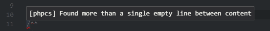 Screenshot of phpcs violation when hovering tilde