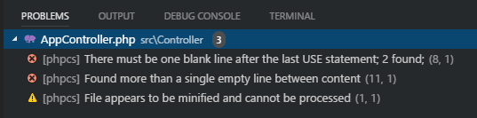 Screenshot of VSCode Problems window listing phpcs violations