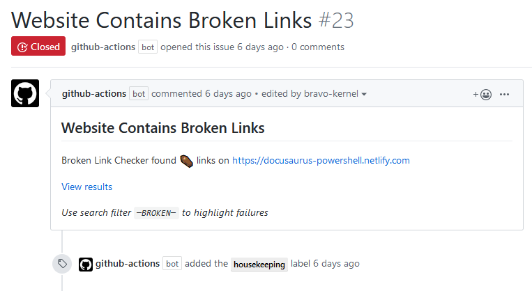 Example Github Issue if Broken Links are detected